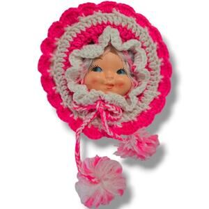 Vintage plastic Doll Face crochet Potholder Set of 3, Handmade Doily Cottagecore